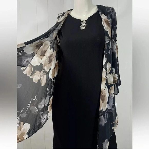 NWT R&k Womens Solid Black Dress With 3/4 Sleeve Floral Shear Sz 8 - Picture 3 of 11